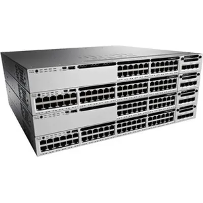 Produktbild von Cisco CAT3850 stackable LAN-Switch, 12 SFP Slots: - inkl. 12x1G SFP Slots, 350WAC PS, 1RU, IP Base FeatureSet - optional: DNA-Lizenz, red. AC- od. DC- PowerSupply, - 4x1G oder 2x10G Network Module, CAB-CONSOLE-USB od. RJ45, - STACK-T1-50CM/1M/3M, CAB-SPWR-