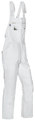 A white pair of overalls is shown against a white background.
