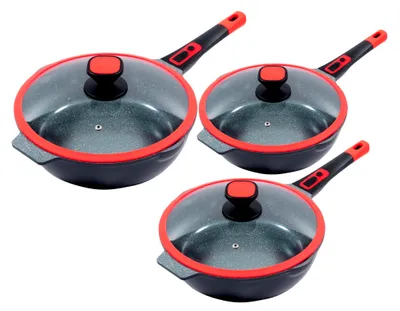 Three frying pans with glass lids are arranged diagonally on a white background.