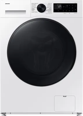 A front view of a white Samsung washing machine with a black door.
