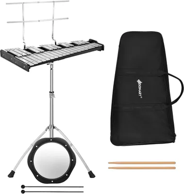 Zdjęcie produktu dla COSTWAY ksylofon 32 nuty glockenspiel z regulowanym statywem, podkładką do ćwiczeń 20 cm, młoteczkami i torbą do przenoszenia, instrument perkusyjny z aluminium