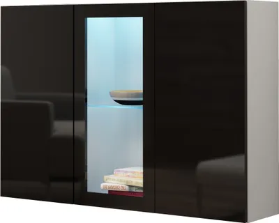 Produktbild von Furniture24 Kommode Vigo 3 türiger Wohnzimmerschrank Sideboard Hängeschrank mit Led Beleuchtung Weiß/Schwarz Hochglanz