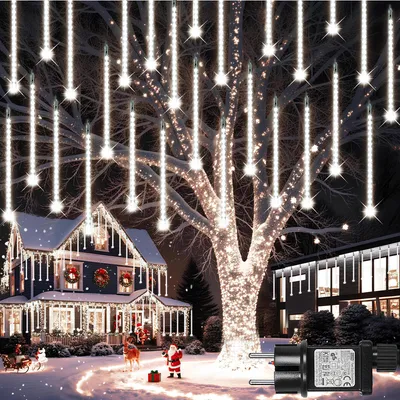 Produktbild von 2.4M 192 LED Eiszapfen Lichterkette 30cm 8 Tubes Meteorschauer Lichter Weihnachtsbeleuchtung Weihnachten Party Hochzeit Dachkante Innen Deko Weiß