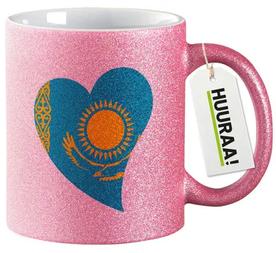 Produktbild von Huuraa Glitzertasse Kasachstan Flagge Herz 330ml Pink Keramik Kaffeebecher Geschenkidee