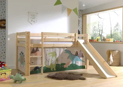 Produktbild von Vipack Halbhohes Bett PINO, mit Rutsche und Textilset "Dino", Ausf. Kiefer massiv natur lackiert