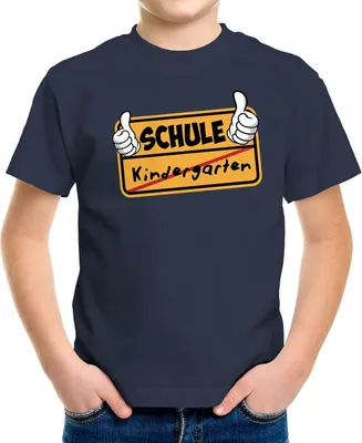 Produktbild von Kinder T-Shirt Jungen Parodie Ortsschild Schule Kindergarten Geschenk zur Einschulung Schulanfang Moonworks® navy 110-116 (5-6 Jahre)
