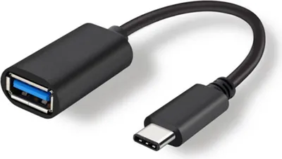 A black USB-C to USB-A adapter cable is shown against a white background.