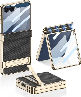 Obrázek produktu pro Pouzdro pro Samsung Galaxy Z Flip 7, magnetická ochrana pantu, tvrdé pouzdro s karbonovou texturou a galvanizací, s ochranou displeje a stojánkem Černá