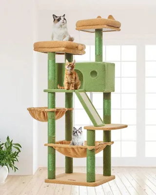 Imagen del producto de Árbol para gatos de 146 cm de altura, con 7 postes para rascar, 2 plataformas, 1 cueva, una hamaca y pelotas de felpa, ideal para gatos grandes