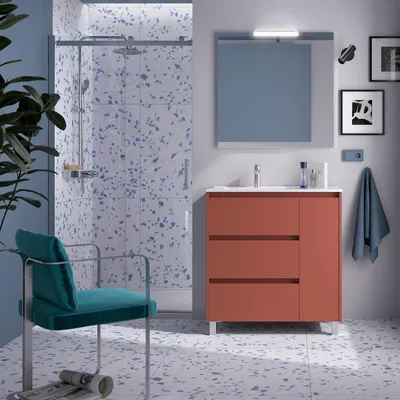 Produktbild von Noja Komplett-Set 850 3 Schubladen und 1 rechte Tür Red Satin + Waschtisch + Spiegel + Leuchte