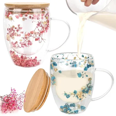 Produktbild von 2er Set Doppelwandige Latte Macchiato Gläser 350ml mit Löffel & Deckel, Thermogläser mit Trockenblumen (Rosa, Blau)