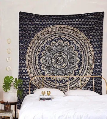 Produktbild von Famanu Wandteppich Mandala Blau Gold - 208 x 210 cm