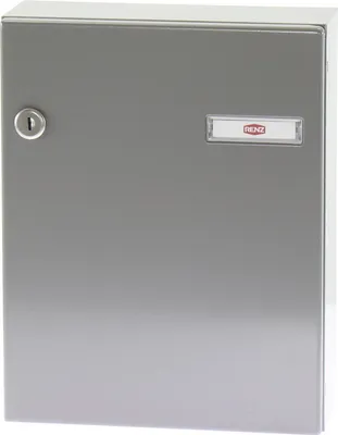A front view of a silver metal mailbox with a lock and a nameplate.
