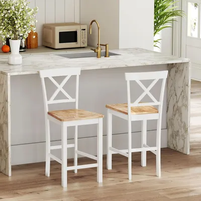 Produktbild von Barhocker 2er-Set Eiche+Weiß, Küchenhocker Kautschukholz mit Rückenlehne, Tresenhocker Landhaus-Stil X-Rückenlehne | 46,5 x 41,5 x 96 cm | Fußstütze