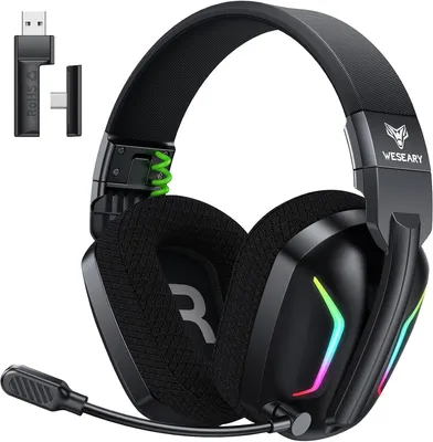 Produktbild von Gaming Headset für PS5, PS4, PC, Switch, Handy, Mac, Laptop, 2,4 GHz mit Noise Cancelling Mikrofon, 60H Akku, LED-Licht, Faltbar, Surround Sound