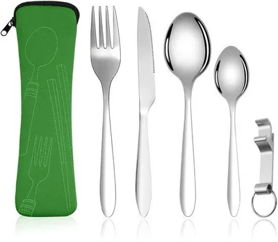 Produktbild von Unyqoos® Edelstahl-Besteckset 6-teilig für Camping & Reisen – 2 Löffel, Messer, Gabel, Flaschenöffner, kompakte Aufbewahrungstasche, spülmaschinenfest