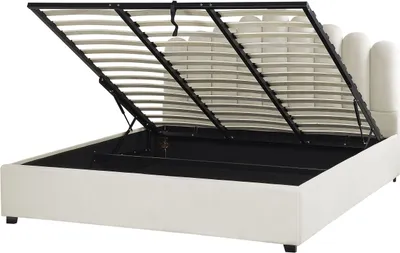 Produktbild von BELIANI Polsterbett Weiß Samt mit Bettkasten Lattenrost Hochklappbar 180 x 200 cm Hohes Muschel-Kopfteil Glamourös Muschelbett Doppelbett Schlafzimmer