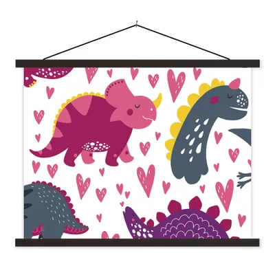 Produktbild von MuchoWow® Textilposter Dino - Herz - Muster - Rosa - Mädchen - Dinosaurier 150x113 cm mit schwarzem Rahmen - Wohnzimmer