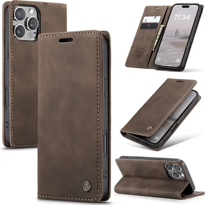 Produktbild von Hülle für iPhone 16 Pro Retro Kunstledertasche mit Standfunktion Schutzhülle Kaffee