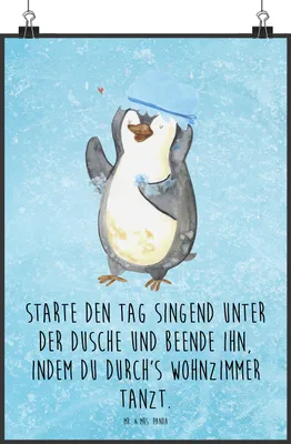 Produktbild von Mr. & Mrs. Panda Bild Pinguin Duschen DIN A0 - Eisblau - Geschenk, drucke, Dusche, Singen, Wanddekoration, Plakat, Wandbild, wanddeko, Duschkonzert, Tanzen, Motivation