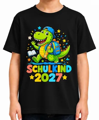 Produktbild von Schulkind 2027 Dinosaurier Einschulung Junge Dino Schulanfang Kinder T-Shirt, Schwarz, 140