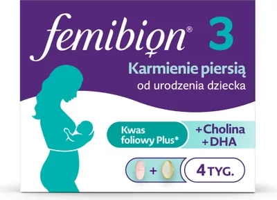 A product box for Femibion 3, showing a silhouette of a mother breastfeeding her baby.