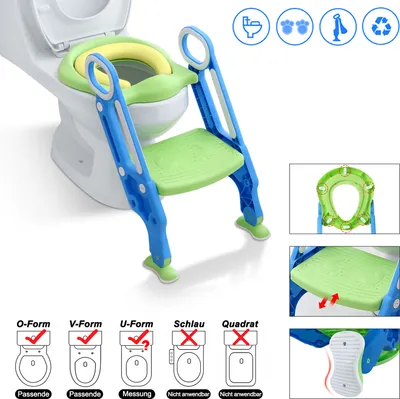 Image de NAIZY Siège de toilette Enfants avec escalier Pot d'entraînement Réglable en hauteur avec coussin en polyuréthane et poignées Pot - Bleu & Vert