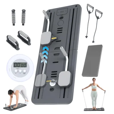 Produktbild von Klappbares  Pilates Board Set, Multifunktionales Fitnessboard mit Widerstandsbändern & Griffen, inkl. Timer & Yogapad, kompakt für Zuhause Training