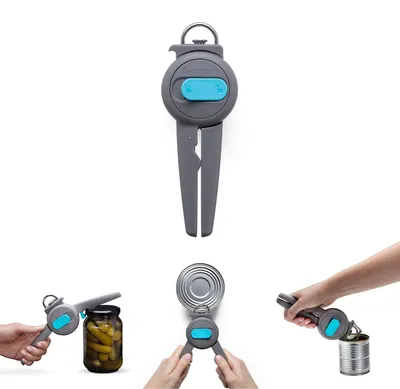 3-in-1 ergonomischer Dosenöffner, glatte Kanten, Deckelheber, Grau
