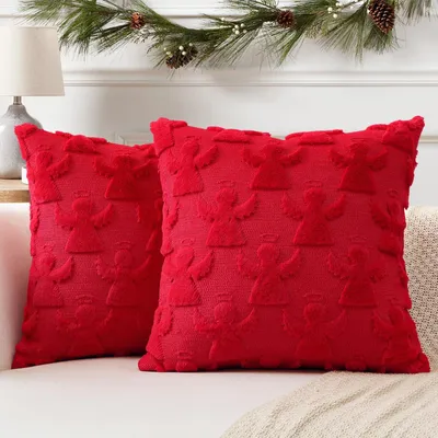 Produktbild von Set mit 2 Kissenbezügen aus weicher Wolle, kurzem Samt, dekorative Kissenbezüge für Sofa und Schlafzimmer, Weihnachtskissenbezug, Engelrot, 50 x 50 cm