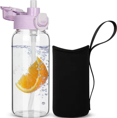 Obrázok produktu pre Sklenená fľaša na vodu 600 ml, so slamkou a neoprénovým puzdrom, bez BPA, pre šport