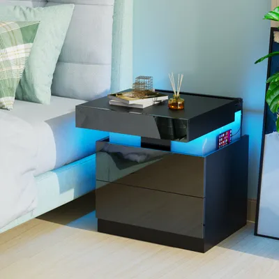 Produktbild von LED Nachttisch mit Steckdose & USB,Schwarz Front Hochglanz Nachtkommode,Intelligent Nightstand,Beistelltisch Kommode Sofatisch 45x40x52cm