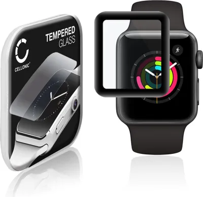 Produktbild von CELLONIC 9H Display Schutzglas für Apple Watch 1 / 2 / 3 - 38mm Smartwatch, 3D Full Cover Full Glue Screen Protector Glass, Fitness Tracker Displayschutz Glas schwarz Schutzfolie