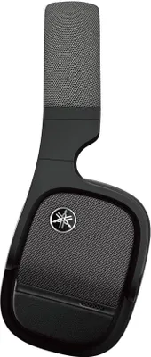 A close-up, isolated view of a black Yamaha headphone.