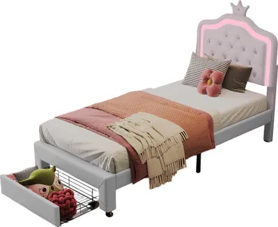 Produktbild von Moonbite Kinderbett 90x200 cm mit Kronen-Kopfteil in Weiß, 2 integrierte Schubladen, LED und Lattenrost, Prinzessin-Design
