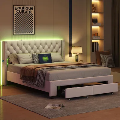 Produktbild von 160 x 200 cm großes Bett mit Stauraum und LED-Beleuchtung, Lattenrost, gepolstertes Doppelbett mit USB-Anschluss, Samt, Beige