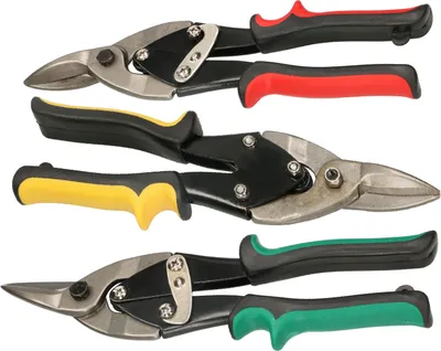 Produktbild von KOTARBAU® 3er Set Blechschere zum Schneiden von Blechen und Profilen Gerade/Links/Rechts250 mm aus CrV-Stahl Durchlaufblechscheren gebogener Griff Verriegelungsmechanismus