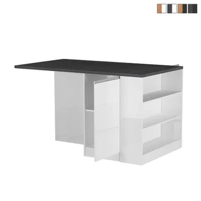Produktbild von Kücheninsel mit Tisch für moderne Küche 2 Türen 160x90x90cm Grover - Weiß - Grau