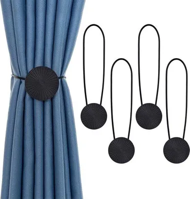 Productafbeelding van Unyqoos® 4-delige set magnetische gordijnbevestigingen van metaal, zwart – Gordijnbevestigingen met 40 cm polyesterband en 6 cm ring, geschikt voor woonkamer en kantoor