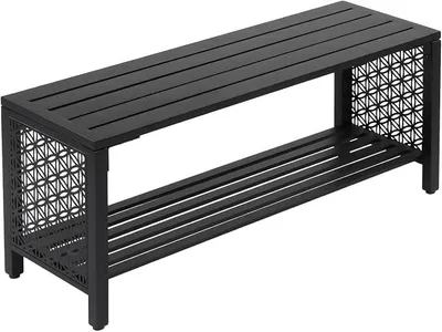 Imagen del producto de Banco de jardín de metal, estilo retro, banco resistente a la intemperie para 2 personas, banco para comedor sin respaldo, con espacio de almacenamiento debajo del asiento, bancos para jardín, balcón o patio, 102 cm ()