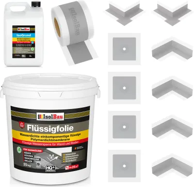 Produktbild von Isolbau Dicht-Set - Inkl. 1x Flüssigfolie (25 kg), 1x Grundierlösung (5 L), 1x Dichtband (25 m), 4x Innenecken, 2x Außenecken & 4x Manschetten