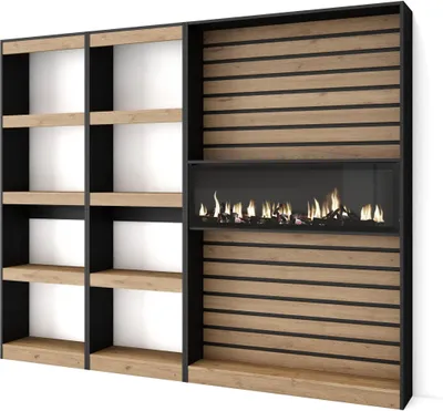 Produktbild von Bücherregal Bibliothek, 230x25x186cm, Wohnzimmer, Esszimmer, Büro, Elektrokamin XXL, Eiche und Schwarz