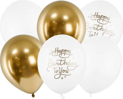 Immagine prodotto di Palloncini 30 cm con scritta Happy Birthday Set di 6 palloncini oro/bianco