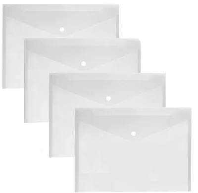 Image de 30 pochettes transparentes au format A4 avec fermeture à bouton-pression pour le rangement de documents.