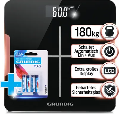Produktbild von Grundig Personenwaage digital, Körperwaage bis 180 kg mit hochpräzisen Sensoren, Weight Scale, Waage Personen, 5mm gehärtetes Sicherheitslas, LCD-Display mit großen Zahlen, schwarz (inkl. Batterien)