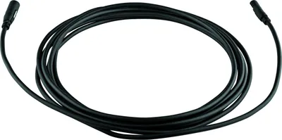 A coiled black cable with connectors on both ends, presented on a white background.
