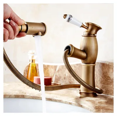 Produktbild von Ausziehbarer Wasserhahn für das Bad, Waschtischarmatur mit herausziehbarer Brause, Einhebelmischer für Badezimmer