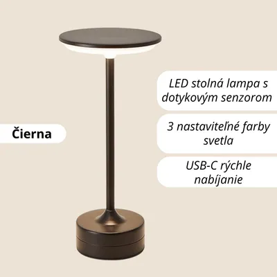 Obrázok produktu pre LED stolná lampa s dotykovým senzorom – 3 úrovne farby svetla, stlmiteľná – USB nabíjateľná & bezdrôtová – Moderná nočná lampa – Čierna
