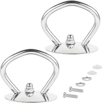 Two stainless steel pot lid knobs with screws and washers on a white background.