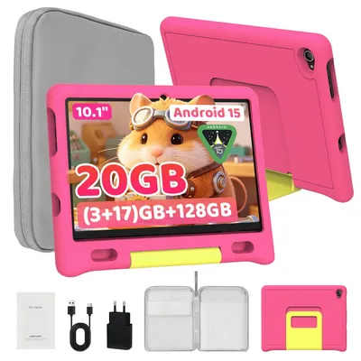 Image de Tablette pour enfants, écran 10,1 pouces, système Android 15, 20 Go de RAM (3 Go + 17 Go), 128 Go de stockage, processeur octa-cœur, Wi-Fi 6, contrôle parental, avec étui de protection